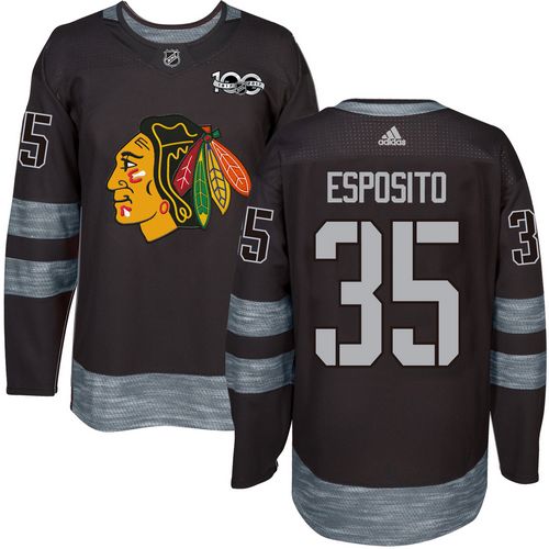 Adidas Blackhawks #35 Tony Esposito Black 1917-100th Anniversary Stitched NHL Jersey - Click Image to Close